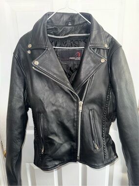 Redline Black Leather Asymmetric Moto Jacket with Braided Side Detail
